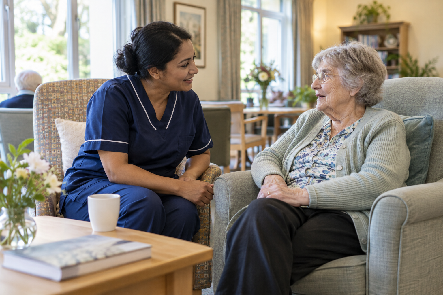 A nurse listening attentively to an older resident in a comfortable care-home lounge